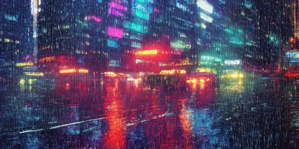Prompt: a ultra photorealistic film still trough a raincovered window on a rainy but colourful day in new york. sparkling lights, wide shot, frog perspective, ultra sharp, wes anderson, studio ghibli, pixar and disney animation, octane render, anime key art by greg rutkowski, bloom, dramatic lighting