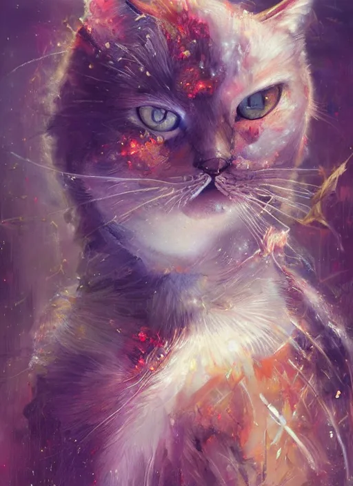 Image similar to a humanoid cat with a sword, Atmospheric beautiful by Stanley Artgerm, Tom Bagshaw, Arthur Adams, Carne Griffiths, trending on Deviant Art, street art, face enhance, chillwave, maximalist, full of color, glittering, 8k, hd