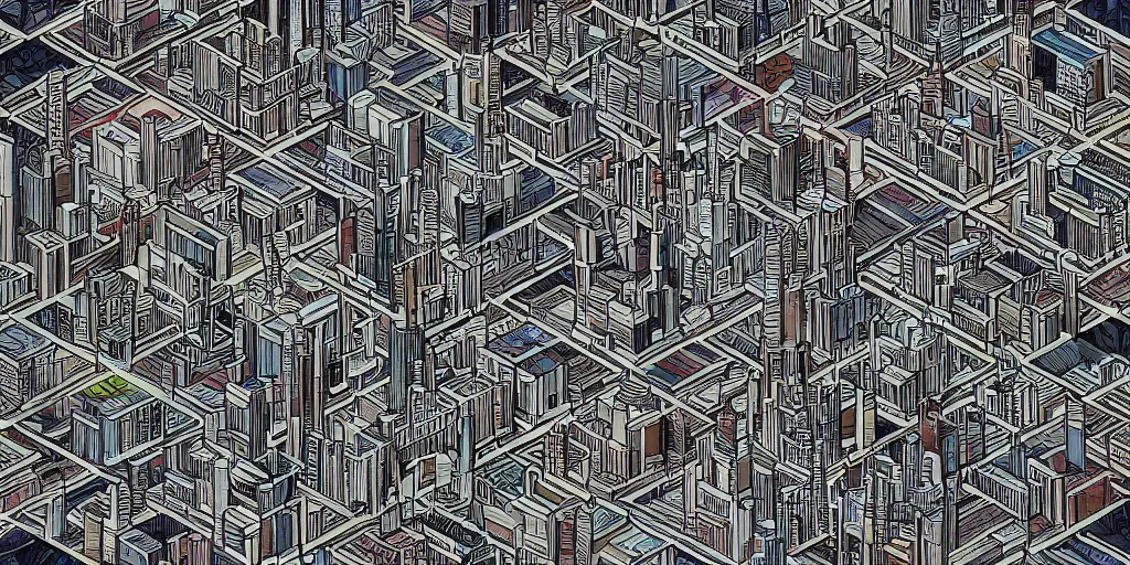 Prompt: an isometric view of a city made of buildings in the shape of cassette tapes, painted in the style of moebius and aaron horkey, rectilinear, trending on artstation
