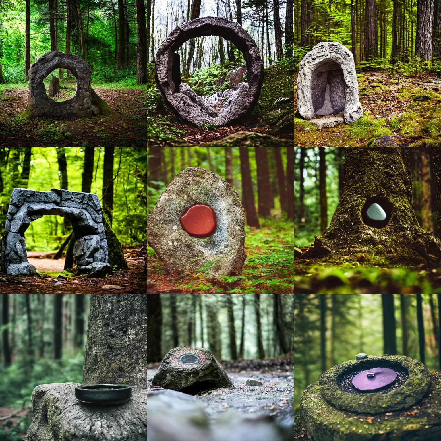 Prompt: Magic stone portal in the forest, taken with Sony a7R camera, heavy depth of field