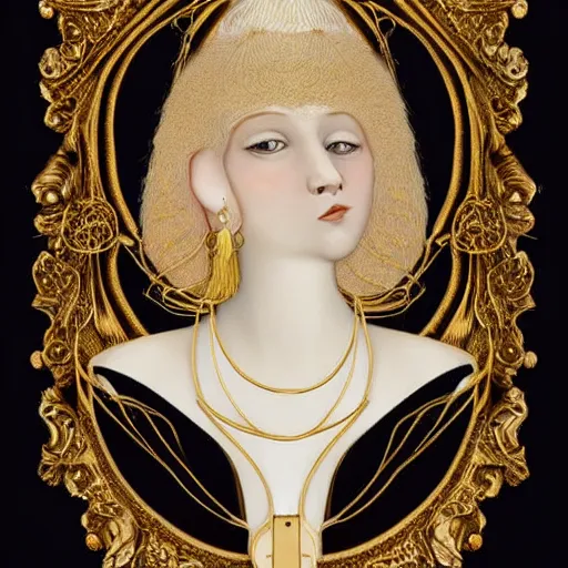 Image similar to a beautiful girl made of ivory and gold, highly intricate, digital art, very detailed, in the style of a liminal modern art nouveau flemish painting