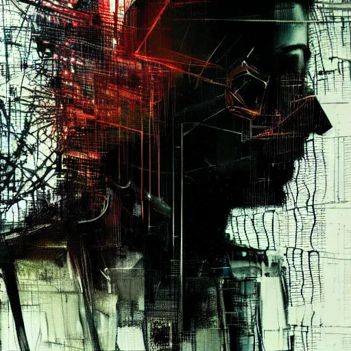 Prompt: a man lost in a cyberpunk noir glitchcore world of wires, and machines, by jeremy mann, francis bacon and agnes cecile, and dave mckean ink drips, paint smears, digital glitches glitchart