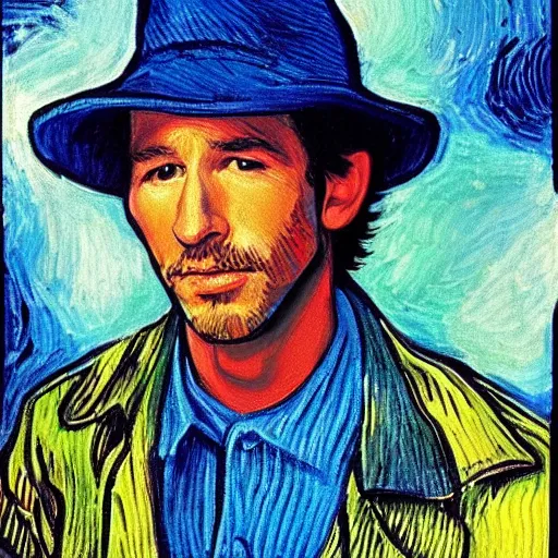 Prompt: an artistic portrait of a young steven spielberg, high quality, studio photography, colourful, hero, 1 9 8 8, heroic, beautiful, in the style of vincent van gogh