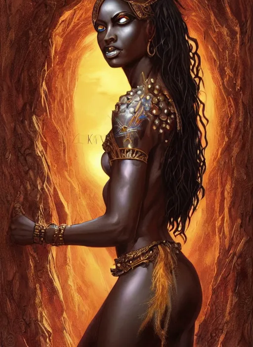 Prompt: a highly detailed symmetrical full body painting of a dark skinned female amazon sorceress with piercing beautiful eyes in dark tomb setting, dynamic lighting, ambient lighting, deviantart, art by artgerm and karol bak and mark brooks