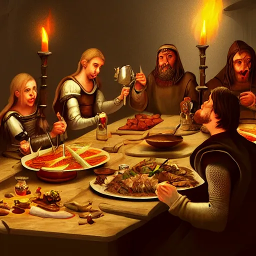 Image similar to medieval feast with drinking, artstation, fantasy