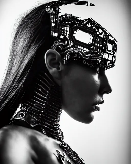 Image similar to a profile portrait, a stunning young woman - crow - cyborg, editorial photography, bw, shot on 7 0 mm, depth of field, f / 2. 8, high contrast, 1 6 k, volumetric lighting, shiny, insanely detailed and intricate, hypermaximalist, elegant, ornate, hyper realistic, super detailed