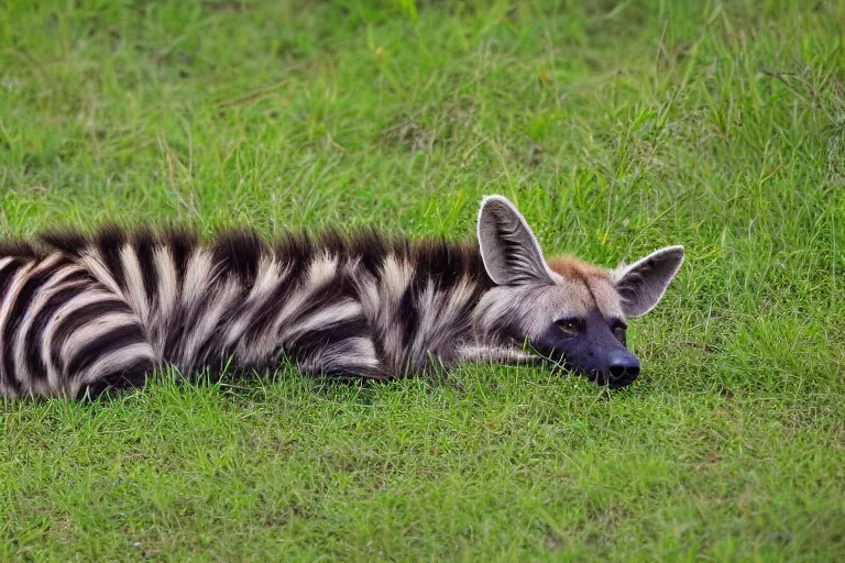 Image similar to striped hyena laying in between the green in savannah, sunset, zoomed out, birds - eye - view