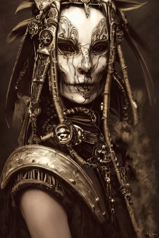 Image similar to A masterpiece ultrarealistic portrait of a Irresistible technopriest tribal-shaman-knight-witch-ghost with Skull Iron mask. baroque renaissance girl in the night forest. medium shot, intricate, elegant, highly detailed. trending on artstation, digital art, by Stanley Artgerm Lau, WLOP, Rossdraws, James Jean, Andrei Riabovitchev, Marc Simonetti, Yoshitaka Amano. background by James Jean and Gustav Klimt, light by Julie Bell, 4k, porcelain skin.