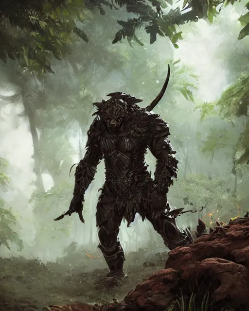 Image similar to Panther warrior in armor sneaking in jungle, portrait, magic the gathering artwork, D&D, fantasy, cinematic lighting, centered, symmetrical, highly detailed, digital painting, artstation, concept art, smooth, sharp focus, illustration, volumetric lighting, epic Composition, 8k, art by Akihiko Yoshida and Greg Rutkowski and Craig Mullins, oil painting, cgsociety