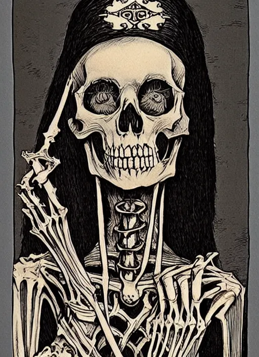 Prompt: gothic victorian woman with a skeletal face, ink and paint, silkscreen, silk robes and bone jewelry, richard corben, glenn fabry, lithograph, tarot