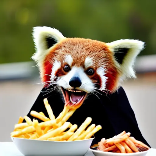 Image similar to a photo of a red panda dressed like Darth Vader eating french fries