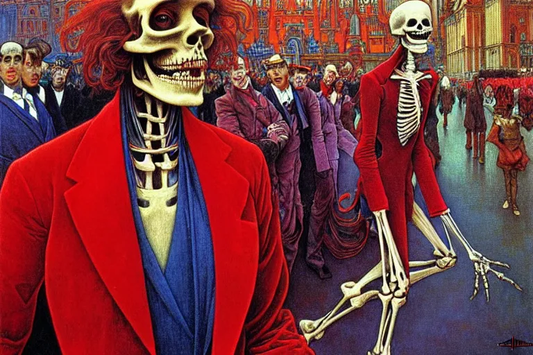 Image similar to realistic detailed closeup portrait painting of a single skeleton wearing red velvet blazer in a crowded futuristic moscow street by Jean Delville, Amano, Yves Tanguy, Alphonse Mucha, Ernst Haeckel, Edward Robert Hughes, Roger Dean, rich moody colours, blue eyes