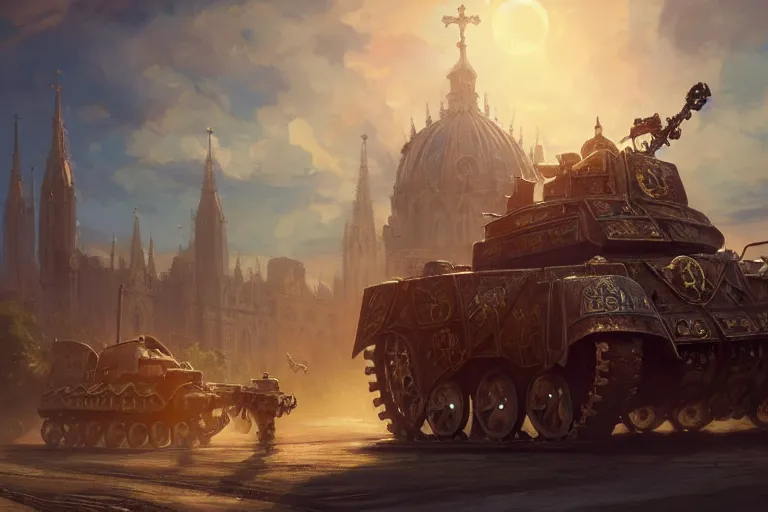 Image similar to a mobile driving ornate cathedral church mounted on a tank with chain drive, warhammer 4 0, scene in an open field. key visual, conceptart, ambient lighting, highly detailed, digital painting, artstation, concept art, sharp focus, by makoto shinkai and akihiko yoshida and kris kuksi