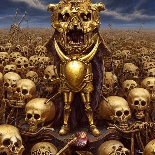 Prompt: anthropomorphic shiba inu, gold armor, standing on pile of skulls, graveyard full of bones and skulls, stuning fantasy 3 d render, masterpiece, glowing dark aura, by donato giancola and greg rutkowski and wayne barlow and zdzisław beksinski, realistic face