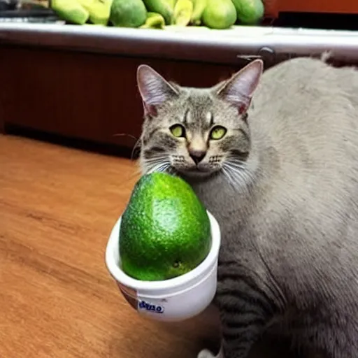 Prompt: a cat guilty of eating a whole bag of avocados staring at his owner with wide eyes