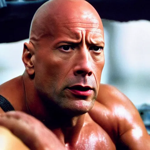 Prompt: dwayne johnson as bruce willis in diehard movie, cinematic, his face like want tell he tired of this