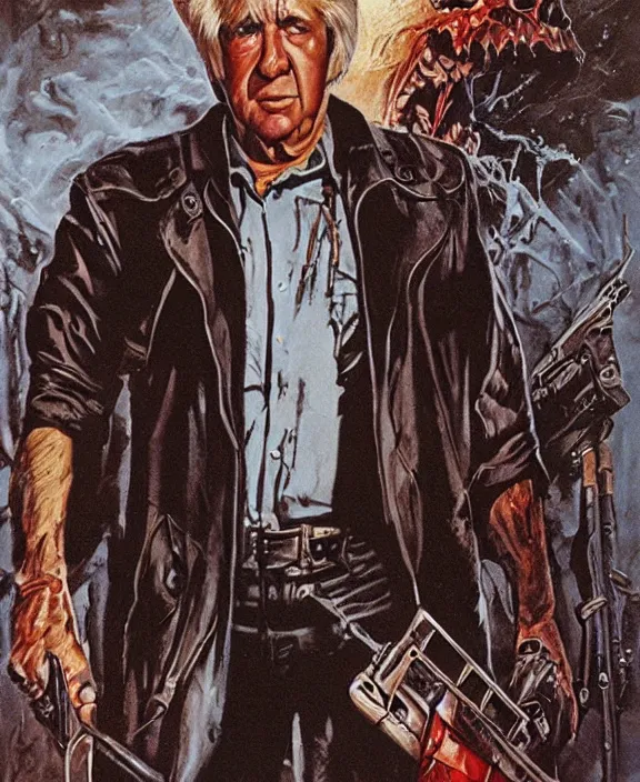 Prompt: illustration of Clu Gulager as Burt from Return of the Living Dead (1985), Les Edwards poster art, detailed