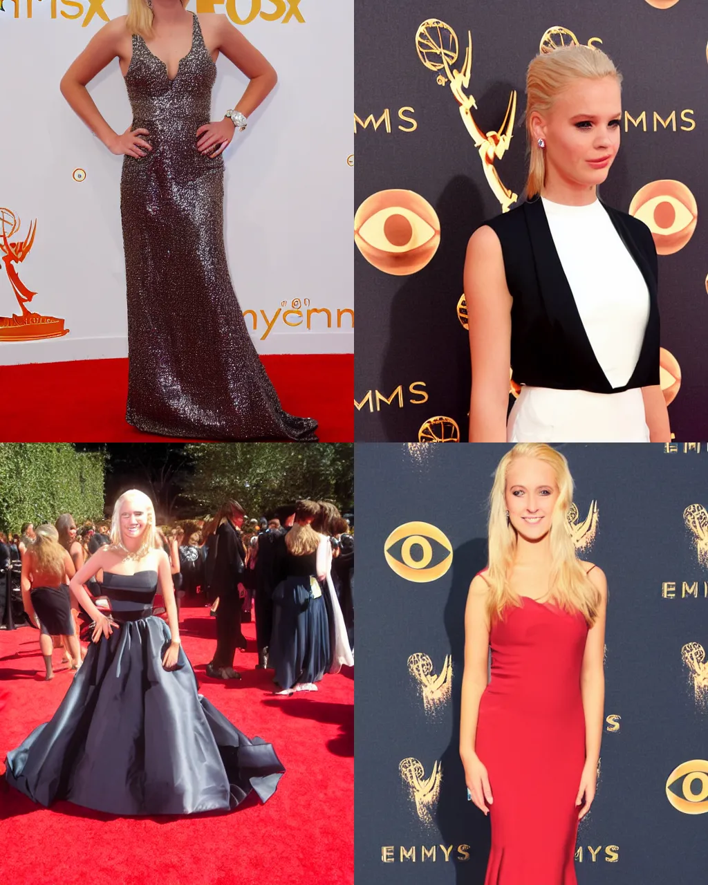 Prompt: a young blonde actress on the red carpet at the emmys, outdoors at night, flash photography, by cameldeath