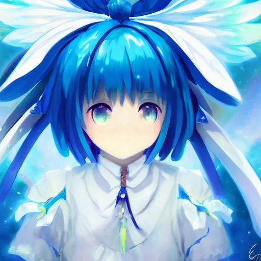 Prompt: pixiv artwork of cirno from touhou project, cirno touhou artwork by greg rutkowski makoto shinkai key art kyoto animation 4 k 8 k ultrahd trending finely detailed sparkling eyes laughing detailed mouth