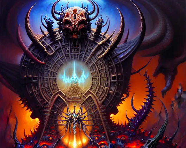 Image similar to the army of hell and demons, fantasy character portrait made of fractals facing each other, ultra realistic, wide angle, intricate details, the fifth element artifacts, highly detailed by peter mohrbacher, hajime sorayama, wayne barlowe, boris vallejo, aaron horkey, gaston bussiere, craig mullins