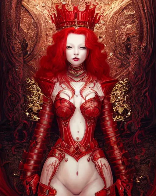 Image similar to redhead queen knight in red armor, inside grand hall in castle with rococo aesthetic, crown of roses, scarred face, elden ring, intimidating, high fantasy, intricate detail, digital painting, artstation, concept art, smooth, sharp focus, illustration, art by yoshitaka amano and monia merlo and wlop and artgerm