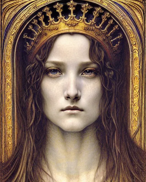 Image similar to detailed realistic beautiful young medieval queen face portrait by jean delville, gustave dore and marco mazzoni, art nouveau, symbolist, visionary, gothic, pre - raphaelite. horizontal symmetry