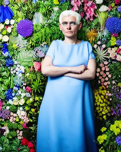 Prompt: portrait of a woman with white hair, wearing a plastic blue dress, standing in a room full of plants and flowers, white background, intricate details, high detail, in the style of rineke dijkstra