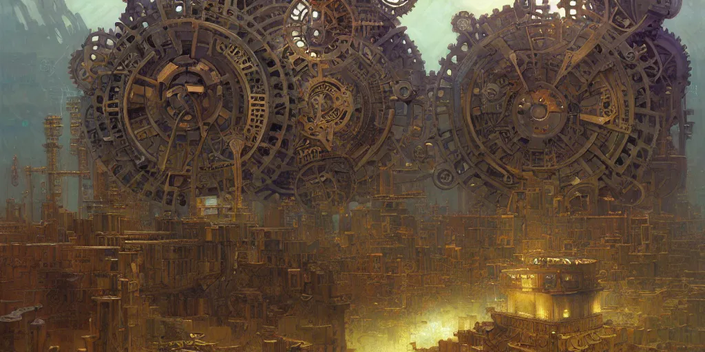 Image similar to giant interlocked cogs sprockets gears cogs, giant geometric mechanisms structures floating in space, industry, villages castles, buildings vista artstation illustration sharp focus vista painted by ruan jia raymond swanland lawrence alma tadema zdzislaw beksinski norman rockwell tom lovell alex malveda greg staples