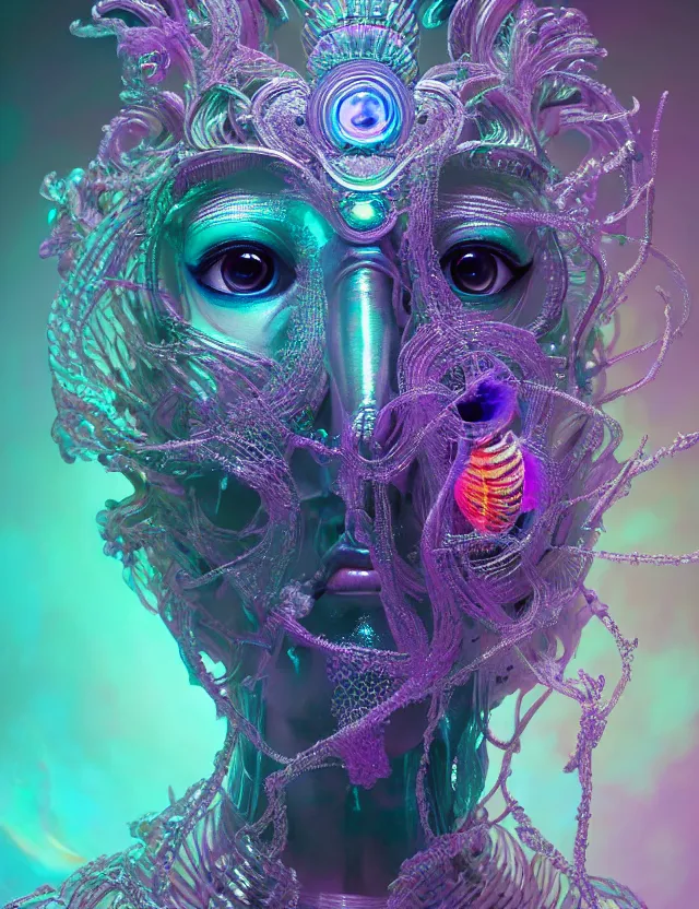 Prompt: classical dicroic goddess macro close - up portrait with mask made of ram skull. betta fish, jellyfish phoenix, bioluminiscent, plasma, ice, water, wind, creature, super intricate ornaments artwork by tooth wu and wlop and beeple and greg rutkowski