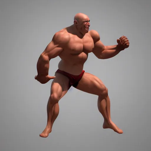 Image similar to extremely muscular bald man, small legs, exaggerated arms, 3 d model, gladiator, small head.