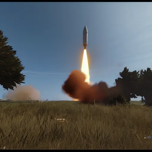 Prompt: arma 3 screenshot, rocket launch, blasting off, rocket smoke