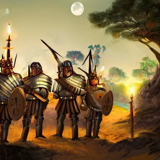 Image similar to A group of armoured Spanish conquistadors holding torches on a sandy beach Cove in middle of a magical forest in a dark night. Inca ruins in the background. Pale crescent moon in the sky. detailed digital painting, artstation