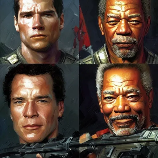 Image similar to Henry Cavill, Arnold Schwarzenegger and Morgan Freeman as soldiers, closeup character art by Donato Giancola, Craig Mullins, digital art, trending on artstation