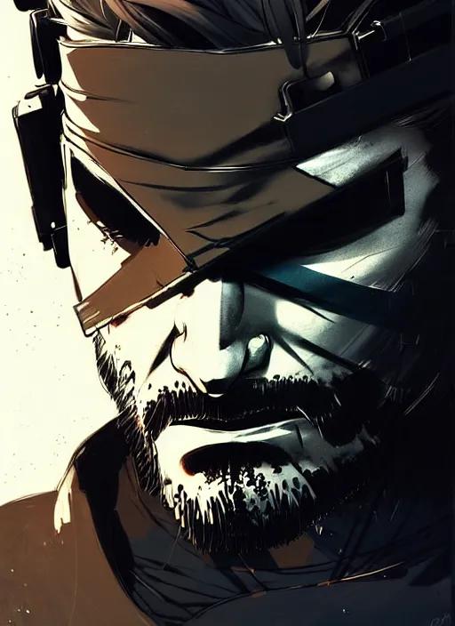 Prompt: highly detailed closeup of a moody solid snake mgs in codek by atey ghailan, by greg rutkowski, by greg tocchini, by james gilleard, by joe fenton, by kaethe butcher, by yoji shinkawa, gradient blue, black, brown and white color scheme muted tones, grunge aesthetic!!! white graffiti tag wall background