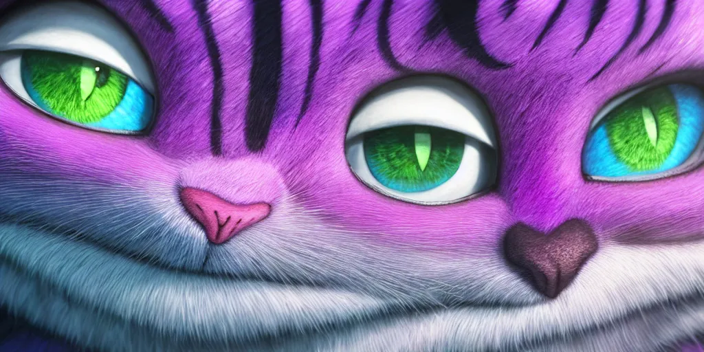 Image similar to The Cheshire Cat, Alice in wonderland, colorful, wide angle, super highly detailed, professional digital painting, artstation, concept art, smooth, sharp focus, no blur, no dof, extreme illustration, Unreal Engine 5, Photorealism, HD quality, 8k resolution, cinema 4d, 3D, beautiful, cinematic, art by artgerm and greg rutkowski and alphonse mucha and loish and WLOP