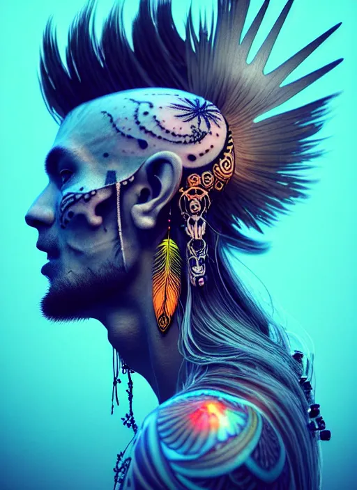 Image similar to 3 d shaman with tattoos profile portrait, sigma 5 0 0 mm f / 5. beautiful intricate highly detailed skull and feathers and hairs and tattoos. bioluminescent, plasma, frost, water, wind, creature, gradient background, thunderstorm! artwork by tooth wu and wlop and beeple and greg rutkowski, 8 k trending on artstation,