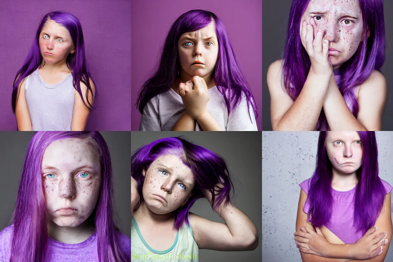 Prompt: A ten year old girl frowning, purple hair, freckles, studio quality, studio lighting, studio backdrop