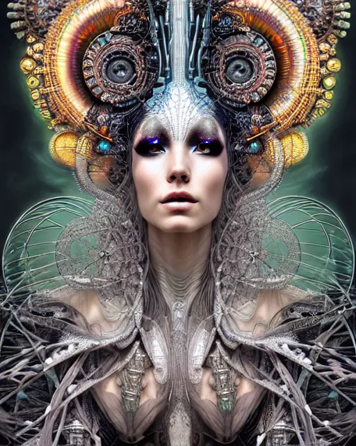 Image similar to hyperrealistic detailed portrait of a beautiful goddess in a cyber headdress, intricate cyberpunk make - up, art by android jones, ernst haeckel, nekro borja, alphonso mucha, h. r. giger, ornamental gothic - cyberpunk,