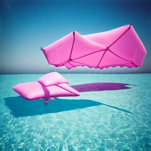 Image similar to a pastel colour high fidelity wide angle Polaroid art photo from a holiday album at a seaside of a large pink ship with abstract inflatable parachute furniture, all objects made of transparent iridescent Perspex and metallic silver, a grid of sun beds iridescence, nostalgic