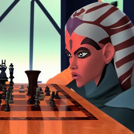 Image similar to Ahsoka Tano playing chess with Darth Vader in The Clone Wars animated series