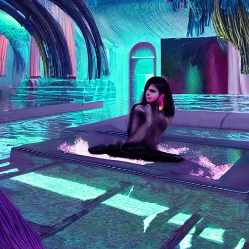 Image similar to KYLIE JENNER with pistol swimming in chromatic SPIRITS in misty mysterious astral temple, beautiful, dmt, trending on artstation, omnious, soft, REALISTIC