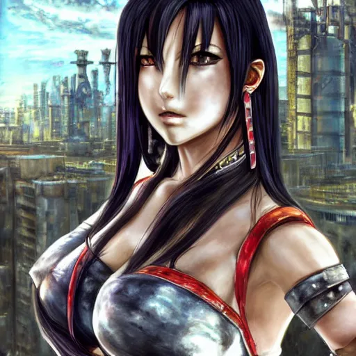 Prompt: painted conceptual art of tifa lockhart from from final fantasy 7 in her signature outfit with the steam punk city midgard as backdrop, by master artist yoshitaka amano