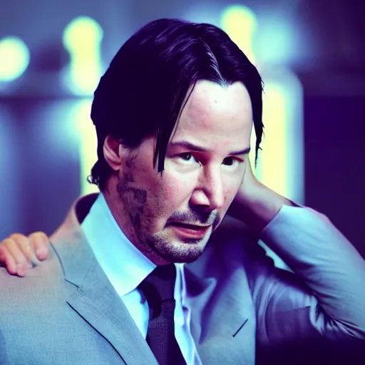 Prompt: a still of Keanu Reeves. Shallow depth of field. City at night in background, lights, colors ,studio lighting, mood, 4K. Profession photography