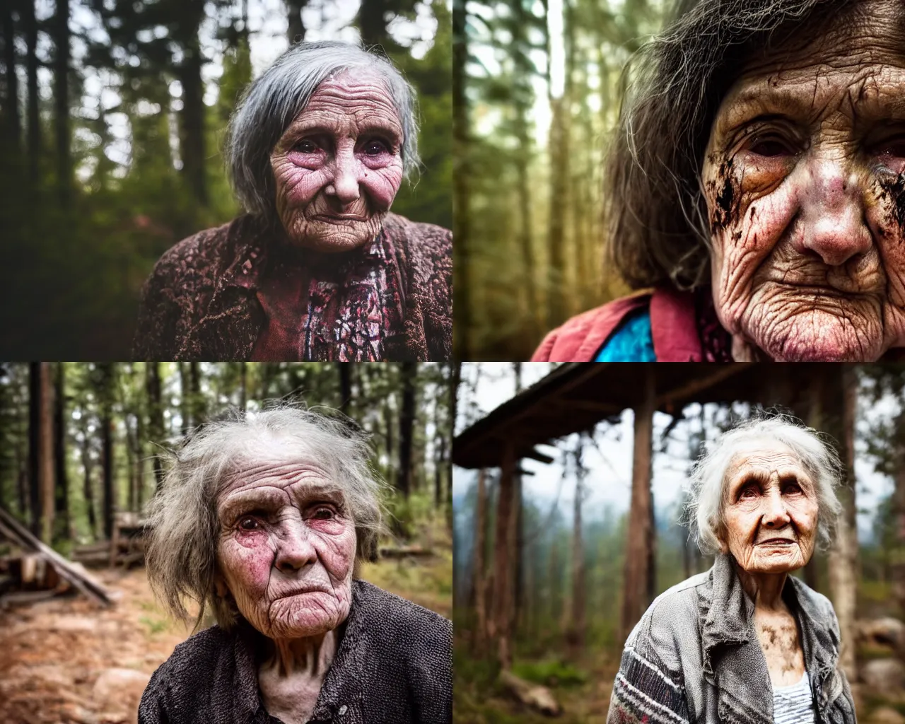 Prompt: close up portrait of an old woman with sinister face and dirty clothes standing outside of an old cabin, forest in the background, bokeh, depth of field, dramatic lighting, cinematic, vivid colors, matte painting, vivid color scheme