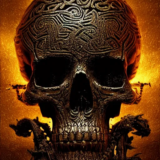 Image similar to a golden runic skull intricately decorated with ancient runic inscriptions and prophecies. dark ominous chiaroscuro baroque still life style. dramatic lighting, ultra detailed, unreal engine 5 by beksinski, billelis. ominous darkness background. weirdcore