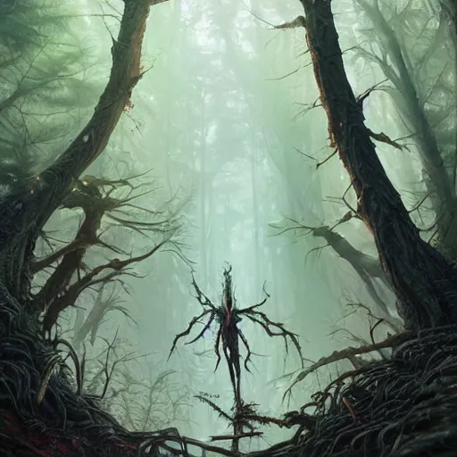 Image similar to highly detailed creepy forest humanoide creature, stephen bliss, unreal engine, fantasy art by greg rutkowski, loish, rhads, ferdinand knab, makoto shinkai and lois van baarle, ilya kuvshinov, rossdraws, tom bagshaw, global illumination, radiant light, detailed and intricate environment