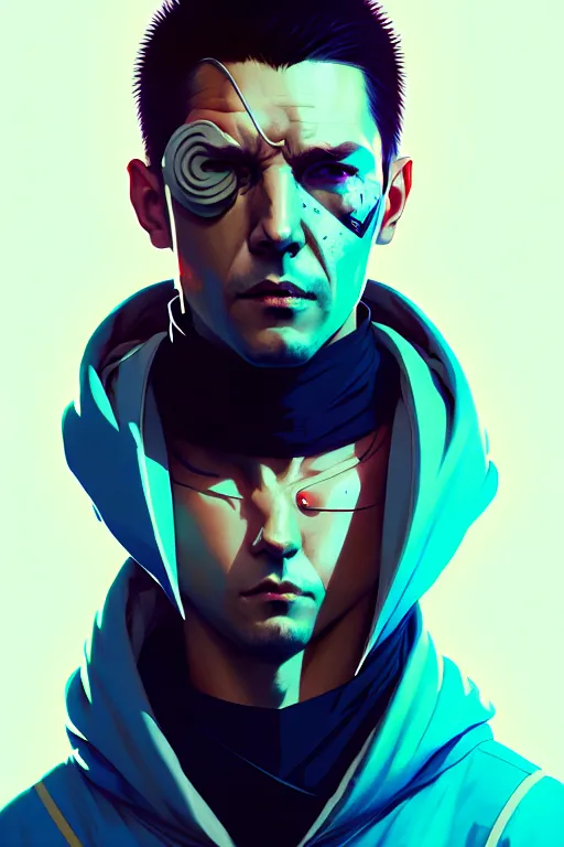 Image similar to cyberpunk synth, hyper - realistic portrait of a man in a hoodie, cyberpunk, by atey ghailan, by greg rutkowski, by greg tocchini, by james gilleard, by joe fenton, by kaethe butcher, dynamic lighting, gradient light blue, brown, blonde cream and white color scheme, grunge aesthetic