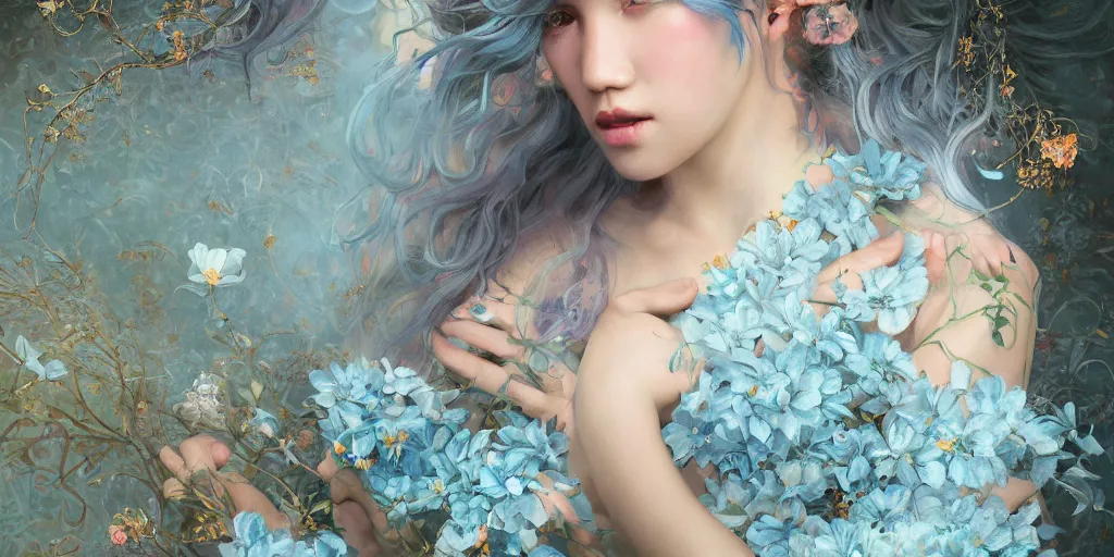 Prompt: breathtaking detailed concept art painting portrait of few hugs goddess of light blue flowers, carroty hair, orthodox saint, with anxious piercing eyes, ornate background, amalgamation of leaves and flowers, by hsiao - ron cheng, extremely moody lighting, 8 k