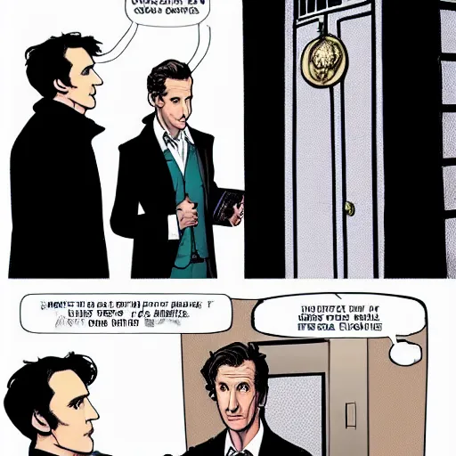 Image similar to the 1 1 th doctor from doctor who meeting sherlock holmes from sherlock in the tardis of the 1 1 th doctor