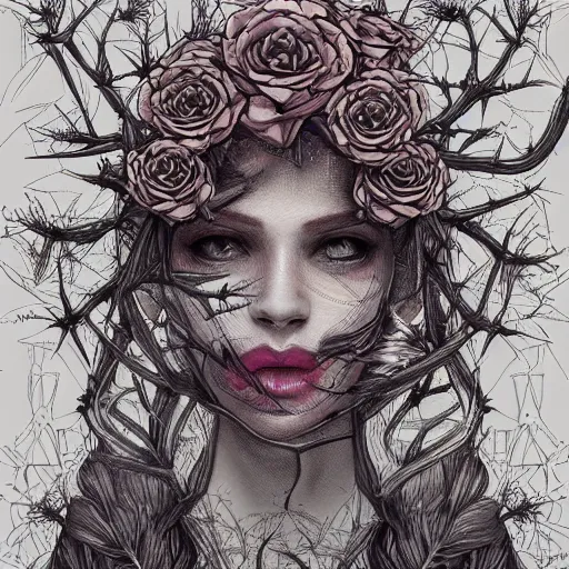 Image similar to the anatomy of a head of thorns with roses that resemble a beautiful young woman looking up, an ultrafine detailed illustration by james jean, intricate linework, bright colors, final fantasy, behance contest winner, vanitas, angular, altermodern, unreal engine 5 highly rendered, global illumination, radiant light, detailed and intricate environment